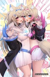 Rule 34 | 2girls, animal ears, belt, black coat, black jacket, blue eyes, blue hair, blue nails, blush, breasts, chain, choker, claw pose, claws, cleavage, coat, crop top, cropped jacket, dog ears, dog tail, dress, fuwawa abyssgard, fuwawa abyssgard (1st costume), gradient hair, headphones, headphones around neck, highres, hololive, hololive english, jacket, kamaniki, large breasts, light blue hair, long hair, looking at viewer, midriff, mococo abyssgard, mococo abyssgard (1st costume), multicolored hair, multiple girls, pink eyes, pink hair, pink nails, short hair, small breasts, tail, virtual youtuber, white dress