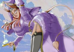 Rule 34 | 1girl, blue sky, breasts, demon girl, fb buedog, from below, glasses, gluteal fold, gold necklace, highres, horns, jewelry, landing, large breasts, long hair, magic, necklace, non-web source, nun, pantylines, purple eyes, red hair, see-through, sky, thighhighs, tight clothes