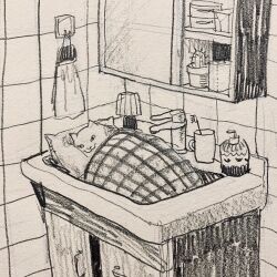 Rule 34 | animal focus, bathroom, blanket, cactus, cat, container, counter, cup, cupboard, dawning crow, faucet, greyscale, handle, highres, lamp, lying, mirror, monochrome, on side, original, pillow, shelf, sink, sketch, soap dispenser, toilet paper, toothbrush, vanity