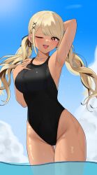 Rule 34 | 1girl, 4kebidayo, absurdres, armpits, arms behind head, black one-piece swimsuit, blonde hair, blue sky, breasts, brown eyes, cloud, competition swimsuit, dark-skinned female, dark skin, gyaru, hair ornament, highres, kaminari qpi, kogal, large breasts, low twintails, one-piece swimsuit, one eye closed, orange nails, presenting armpit, sky, solo, swimsuit, thigh gap, twintails, virtual youtuber, vspo!, wading, water, x hair ornament