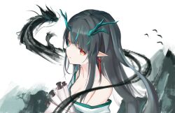 1girl aqua_hair arknights bare_shoulders black_hair breasts chinese_commentary cleavage collarbone commentary_request dragon dragon_girl dragon_horns dusk_(arknights) earrings eastern_dragon green_hair highres horns jewelry long_hair looking_at_viewer medium_breasts multicolored_hair off_shoulder orange_eyes parted_lips pointy_ears scroll simple_background solo streaked_hair upper_body white_background xix1xi