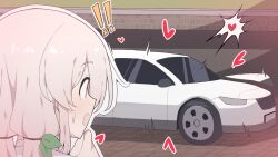 Rule 34 | !, !!, 1boy, blush, brick floor, brown eyes, day, gam gyuri, grey hair, hagoonha, hair between eyes, heart, indie virtual youtuber, limousine, long hair, looking to the side, low-tied long hair, open mouth, outdoors, outline, portrait, raised eyebrows, shadow, solo, sweatdrop, trap, virtual youtuber, white outline