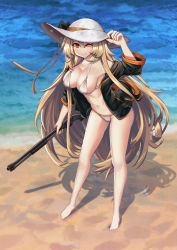 Rule 34 | 1girl, barefoot, beach, bikini, black jacket, blonde hair, breasts, character name, cleavage, collarbone, full body, girls&#039; frontline, gun, hat, highres, ithaca m37, jacket, large breasts, long hair, looking at viewer, m37 (girls&#039; frontline), m37 (summer parader) (girls&#039; frontline), official alternate costume, one eye closed, open clothes, open jacket, orange eyes, persocon93, pump action, rifle, sand, shotgun, solo, standing, sun hat, swimsuit, very long hair, waves, weapon, white bikini, white hat