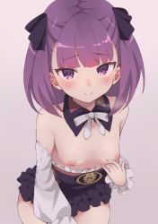 Rule 34 | 1girl, bare shoulders, black dress, black ribbon, blush, breasts, breasts out, closed mouth, clothes pull, collarbone, detached collar, detached sleeves, dress, dress pull, fate/grand order, fate (series), frills, grey background, hair ribbon, helena blavatsky (fate), highres, hone kawa, looking at viewer, nipples, puffy sleeves, purple eyes, purple hair, ribbon, short dress, short hair, simple background, small breasts, smile, solo, strapless, strapless dress, thighs, white sleeves