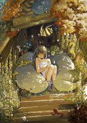 Rule 34 | 1girl, algae, bad id, bad pixiv id, bare shoulders, barefoot, brown hair, bubble, closed eyes, coral, crossed arms, dress, eel, fish, highres, knees up, legs together, long hair, octopus, original, parted lips, reclining, seahorse, seaweed, sleeveless, sleeveless dress, smile, solo, turtle, underwater