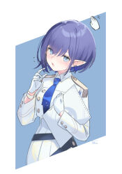 Rule 34 | 1girl, aoi (blue archive), blue archive, blue eyes, blue hair, blush, cropped jacket, disembodied head, dress, flying sweatdrops, gloves, hair between eyes, holding, jacket, long sleeves, looking at viewer, mole, mole under eye, necktie, parted lips, pointy ears, short hair, simple background, solo, tautiki, white dress, white gloves, white jacket