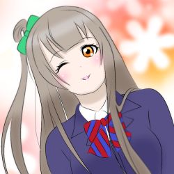 Rule 34 | 1girl, artist name, artist request, blue jacket, blush, bow, breasts, brown eyes, brown hair, collared shirt, female focus, green bow, grey hair, hair bow, jacket, leaning forward, light brown hair, long hair, looking at viewer, love live!, love live! school idol project, minami kotori, one eye closed, parted lips, red bow, school uniform, shirt, side ponytail, smile, solo, striped, striped bow, yamine alice