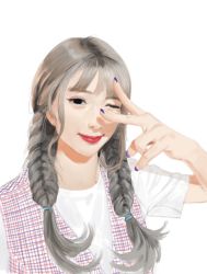 Rule 34 | 1girl, black eyes, braid, closed mouth, fingernails, grey hair, hand up, lipstick, looking at viewer, makeup, nail polish, original, purple nails, real life, realistic, red lips, short sleeves, simple background, siun, smile, solo, twin braids, vest, white background
