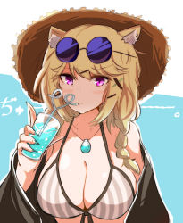 Rule 34 | 1girl, animal ear fluff, animal ears, aqua background, aqua nails, arknights, bare shoulders, blonde hair, braid, breasts, cleavage, cloud, commentary request, crazy straw, cup, drinking, drinking glass, drinking straw, duplicate, eyewear on head, hand up, hat, heart straw, heka=ton, highres, holding, holding cup, jewelry, large breasts, long hair, looking at viewer, nail polish, off shoulder, official alternate costume, open clothes, pendant, pixel-perfect duplicate, purple eyes, solo, stomach, sun hat, sunglasses, twin braids, two-tone background, upper body, utage (arknights), white background