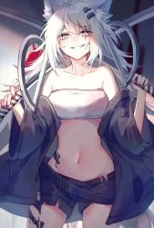 Rule 34 | 1girl, animal ear fluff, animal ears, arknights, bandeau, bare shoulders, belt, black belt, black jacket, black shorts, breasts, collarbone, cowboy shot, dual wielding, grey eyes, grey nails, grin, hair between eyes, hair ornament, hairclip, highres, holding, holding sword, holding weapon, jacket, lappland (arknights), long hair, long sleeves, looking at viewer, material growth, midriff, nail polish, navel, off shoulder, open clothes, open jacket, oripathy lesion (arknights), scar, scar across eye, scar on face, short shorts, shorts, silver hair, small breasts, smile, solo, standing, stomach, strapless, sword, tube top, weapon, wide sleeves, wolf ears, yunweishukuang