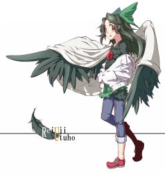 Rule 34 | 1girl, alternate costume, aya shachou, bad id, bad pixiv id, black hair, black wings, bow, casual, character name, contemporary, feathers, female focus, hair bow, jacket, long hair, no socks, red eyes, reiuji utsuho, solo, touhou, white background, wings
