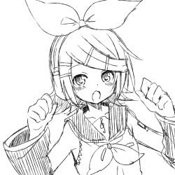 Rule 34 | 1girl, :o, arm tattoo, bare shoulders, blonde hair, blush, bow, collarbone, detached sleeves, fang, flat chest, greyscale, hair bow, hair ornament, hairclip, headphones, headset, kagamine rin, monochrome, open mouth, paw pose, petite, sailor collar, sketch, solo, sudachi (calendar), tattoo, treble clef, upper body, vocaloid