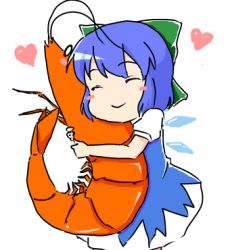 Rule 34 | 1girl, 9rimson, ^ ^, blue dress, blue hair, blush stickers, bow, cirno, closed eyes, cowboy shot, crustacean, dress, green bow, hair bow, happy, heart, hug, ice, ice wings, lowres, no nose, short hair, short sleeves, shrimp, simple background, smile, solo, standing, touhou, white background, white sleeves, wings