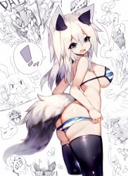 Rule 34 | 1girl, animal ear fluff, animal ears, ass, breasts, butt crack, curvy, erina (rabi-ribi), highres, large breasts, looking at viewer, looking back, mamuru, open mouth, panties, panty pull, rabi-ribi, sideboob, solo, solo focus, tail, thick thighs, thighhighs, thighs, underwear