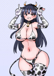 Rule 34 | 1girl, animal ears, animal print, arms up, bell, bikini, black collar, blue hair, blush, boku no kokoro no yabai yatsu, breasts, brown eyes, cleavage, collar, collarbone, contrapposto, cow ears, cow horns, cow print, cow print bikini, cow tail, cowbell, dark blue hair, dotted background, earrings, elbow gloves, fake animal ears, fake horns, fake tail, gloves, highres, horns, huge breasts, index fingers raised, jewelry, large breasts, long28, long hair, looking at viewer, midriff, mole, mole on thigh, navel, neck bell, print bikini, print gloves, smile, solo, stud earrings, swimsuit, tail, thighhighs, white thighhighs, yamada anna