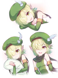 Rule 34 | 1girl, aoi (princess connect!), bare shoulders, beret, blush, breasts, cropped torso, detached sleeves, elf, green eyes, green headwear, green scarf, green shirt, green sleeves, hair over one eye, hat, hat feather, highres, holding, holding pillow, light green hair, looking at viewer, multiple views, open mouth, pillow, pointy ears, princess connect!, scarf, shirt, short hair, simple background, sleeveless, sleeveless shirt, small breasts, smile, white background, yako noir (kei-ne)