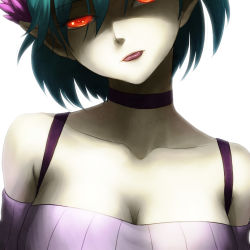 Rule 34 | 10s, 1girl, bare shoulders, blue hair, breasts, c (control), choker, cleavage, collarbone, face, glowing, glowing eyes, head tilt, head wings, pointy ears, q (control), red eyes, shin (world 3000), short hair, simple background, solo, tongue, wings