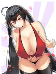 Rule 34 | 1girl, ahoge, azur lane, bare shoulders, black hair, black thighhighs, breasts, cleavage, cleavage reach, commentary, downblouse, enryuu (rmxs3488), extended downblouse, highres, huge ahoge, huge breasts, long hair, navel, no bra, parted lips, red eyes, solo, taihou (azur lane), thighhighs, thighs, twintails, very long hair, white background