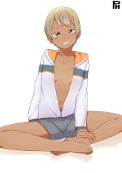 Rule 34 | 1girl, barefoot, blonde hair, blush, breasts, dark skin, dark-skinned female, feet, female focus, grin, jacket, open clothes, original, satsuyo, short hair, shorts, simple background, small breasts, smile, solo, toes, tomboy, white background