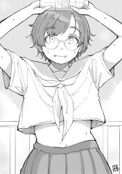 Rule 34 | 1girl, absurdres, arms up, bottle, dated, glasses, greyscale, hadashi no kenji, hair ornament, hairclip, highres, indoors, looking at viewer, midriff, monochrome, navel, neckerchief, original, school uniform, shirt, short hair, short sleeves, solo, sweat, white shirt