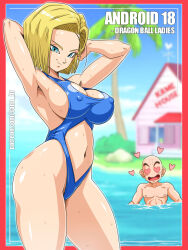 Rule 34 | 1boy, 1girl, android 18, arms behind head, bald, blonde hair, blue eyes, breasts, cleavage, cleavage cutout, clothing cutout, commentary, covered erect nipples, dragon ball, dragon ball super, dragonball z, english text, heart, heart-shaped eyes, highres, kuririn, large breasts, medium hair, navel, outside border, sano br, sideboob, swimsuit, thick thighs, thighs