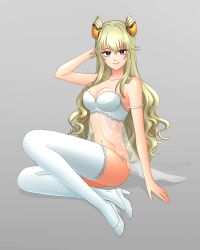 Rule 34 | 1girl, absurdres, arm behind head, babydoll, blonde hair, bra, breasts, cleavage, code geass, code geass: boukoku no akito, collarbone, commentary, commission, double bun, english commentary, grey background, grey footwear, hair bun, high heels, highres, leila malcal, lingerie, long hair, looking at viewer, medium breasts, navel, off shoulder, panties, sitting, smile, solo, stomach, thighhighs, underwear, very long hair, vsasha, white bra, white panties, white thighhighs