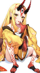 Rule 34 | 1girl, absurdres, bare shoulders, blonde hair, breasts, facial mark, fate/grand order, fate (series), feet, forehead, forehead mark, hair pulled back, herigaru (fvgyvr000), highres, horns, ibaraki douji (fate), japanese clothes, kimono, long hair, long sleeves, looking at viewer, off shoulder, oni, oni horns, sash, sitting, small breasts, solo, tattoo, tongue, tongue out, wide sleeves, yellow eyes, yellow kimono