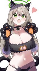 Rule 34 | 1girl, absurdres, animal ears, animal hands, black bra, black gloves, black panties, blue archive, blush, bra, breasts, cat cutout, cat ears, cat lingerie, cat paws, cat tail, cleavage, clothing cutout, collarbone, fang, gloves, green eyes, green halo, halo, heart, highres, large breasts, light brown hair, looking at viewer, meme attire, mizumok1, navel, nonomi (blue archive), open mouth, panties, paw gloves, simple background, skin fang, smile, solo, tail, underwear, upper body, white background