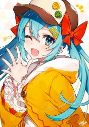 Rule 34 | 1girl, ;d, baseball cap, blue eyes, blue hair, blush, bow, brown hat, buttons, hair between eyes, hair bow, hair ornament, hairclip, hand up, hat, hatsune miku, highres, hood, hood down, hooded jacket, jacket, long hair, long sleeves, mika pikazo, notice lines, one eye closed, open mouth, orange jacket, red bow, shirt, signature, smile, solo, translated, twintails, upper body, vocaloid, white shirt, wide sleeves