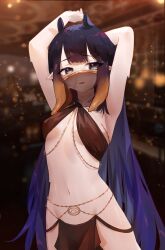Rule 34 | 1girl, absurdres, armpits, arms up, belly dancing, blunt bangs, blurry, blurry background, body chain, breasts, commentary, english commentary, gradient hair, grey eyes, harem outfit, highres, hololive, hololive english, light particles, long hair, mouth veil, multicolored hair, navel, ninomae ina&#039;nis, orange hair, parted lips, pelvic curtain, pointy ears, purple hair, revealing clothes, sidelocks, small breasts, solo, tentacle hair, uve, veil, very long hair, virtual youtuber