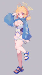 Rule 34 | 1girl, absurdres, ahoge, blonde hair, blue archive, blue footwear, blue jacket, blush, breasts, cleavage, clothing cutout, cropped jacket, fishnets, full body, grey background, halo, highres, jacket, kotori (blue archive), large breasts, long sleeves, looking at viewer, low twintails, one-piece swimsuit, open mouth, red eyes, simple background, solo, standing, standing on one leg, swimsuit, teoskyrios, track jacket, twintails, v
