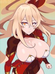 Rule 34 | 1girl, absurdres, ahoge, astrea (narutsuart), blonde hair, borrowed character, breast focus, breasts, bridal gauntlets, cleavage, close-up, expressionless, genshin impact, gift art, hair flowing over, hair ribbon, hair spread out, highres, huge breasts, long hair, myutoeve, omega symbol, orange eyes, original, parted lips, ribbon, shiny skin, short shorts, shorts, sidelocks, solo, thighs, upper body, very long hair