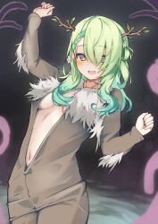 Rule 34 | 1girl, absurdres, animal costume, antlers, arm up, asymmetrical bangs, braid, breasts, center opening, ceres fauna, chainsaw man, cowboy shot, flower, future devil (chainsaw man), green hair, green nails, hair flower, hair ornament, hair over one eye, hand up, highres, hololive, hololive english, horns, johnny (braun-kan cafe), long hair, looking at viewer, medium breasts, mole, mole under eye, navel, one side up, open mouth, smile, solo, virtual youtuber, yellow eyes