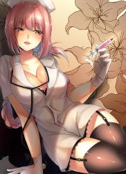 Rule 34 | 1girl, alternate costume, braid, breasts, cleavage, commentary request, cosplay, fate/grand order, fate (series), florence nightingale (fate), garter belt, garter straps, gloves, hat, hatori mia, highres, large breasts, long hair, looking at viewer, nurse, nurse cap, pink hair, solo, stethoscope, syringe, thighhighs, very long hair, white gloves