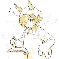 Rule 34 | 1girl, apron, blonde hair, closed mouth, cooking pot, ears through headwear, eighth note, flat chest, hair over one eye, head scarf, jacket, kappougi, ladle, limited palette, long sleeves, minmin (kemomofuri), musical note, simple background, smile, solo, steam, track jacket, umamusume, upper body, vodka (umamusume), white background, yellow eyes