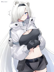 Rule 34 | 1girl, absurdres, animal ears, arknights, artist name, aurora (arknights), aurora (elite ii) (arknights), bear ears, belt, black belt, black gloves, black hairband, black shirt, blue eyes, breasts, cleavage, commentary, cowboy shot, crop top, female focus, gloves, grey shorts, hair over one eye, hairband, highres, large breasts, long hair, long sleeves, looking at viewer, midriff, navel, own hands together, parted lips, pinepin, pouch, shirt, short shorts, shorts, shrug (clothing), silver hair, simple background, solo, standing, stomach, twitter username, very long hair, white background