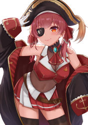 1girl, absurdres, anchor symbol, ascot, bangs, bare shoulders, belt, bicorne, black choker, black coat, black eyepatch, black headwear, black legwear, blush, bodystocking, breasts, brown belt, buttons, choker, closed mouth, coat, covered navel, cropped jacket, embroidery, epaulettes, eyepatch, frilled choker, frills, gloves, hair ribbon, hat, highres, hololive, houshou marine, jacket, kohe billialot, lace, lace-trimmed legwear, lace trim, leaning forward, leather belt, long hair, looking at viewer, medium breasts, midriff, miniskirt, off shoulder, pirate, pleated skirt, red eyes, red hair, red jacket, red neckwear, red ribbon, red skirt, ribbon, salute, see-through, skirt, sleeveless, sleeveless jacket, sleeves past wrists, solo, thighhighs, twintails, two-tone skirt, virtual youtuber, white gloves, zettai ryouiki