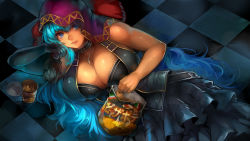 Rule 34 | 1girl, absurdres, blue eyes, blue gloves, blue hair, breasts, checkered floor, chips (food), cleavage, collar, dress, elbow gloves, food, gloves, harusame-r, highres, hood, huge breasts, long hair, looking at viewer, lying, matching hair/eyes, necktie, on side, original, potato chips, riette (luco san), single elbow glove, skirt, solo, very long hair