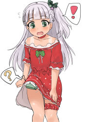 Rule 34 | !, 1girl, ?, anchor hair ornament, blunt bangs, blush, dress, flying sweatdrops, green eyes, grey hair, hair ornament, junes, kantai collection, long hair, maestrale (kancolle), official alternate costume, one side up, open mouth, panties, pantyshot, polka dot, polka dot dress, red dress, short sleeves, simple background, solo, spoken exclamation mark, spoken question mark, striped clothes, striped panties, sweat, tan, tanline, underwear, white background