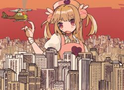 Rule 34 | 1girl, aircraft, apron, bad id, bad twitter id, bandaged wrist, bandages, building, burning, city, cityscape, collared shirt, destruction, fang, giant, hair ornament, hand up, hat, helicopter, highres, index finger raised, light brown hair, mikusan, natori sana, nurse cap, open mouth, outdoors, pink apron, pink eyes, pink hat, pink nails, puffy short sleeves, puffy sleeves, rabbit hair ornament, red sky, sana channel, shirt, short eyebrows, short sleeves, skin fang, sky, skyscraper, smoke, solo, two side up, upper body, virtual youtuber, white shirt
