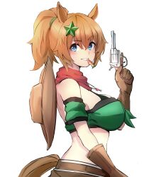 Rule 34 | 1girl, absurdres, animal ears, bandana, bandeau, blue eyes, breasts, brown hair, brown headwear, chinese commentary, commentary, detached sleeves, from side, grin, gun, hair ornament, hand up, handgun, highres, holding, holding gun, holding weapon, horse ears, large breasts, looking at viewer, midriff, ponytail, revolver, short hair, short sleeves, simple background, smile, solo, star (symbol), star hair ornament, taiki shuttle (umamusume), umamusume, upper body, weapon, white background, yuedengyuhao