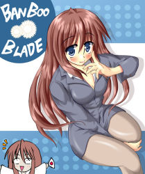 Rule 34 | 00s, 1girl, ^^^, bamboo blade, blush, breasts, cleavage, collarbone, denim, empty eyes, formal, grey pantyhose, hiiragi tomoka, jeans, kuwahara sayako, large breasts, long sleeves, looking at viewer, o o, pants, pantyhose, red hair, solo focus, striped, suit, surprised, text focus, vertical stripes