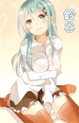 Rule 34 | 10s, 1girl, aqua eyes, aqua hair, breasts, brown thighhighs, character name, commentary request, green eyes, green hair, hair ornament, hairclip, kantai collection, large breasts, long hair, shijima (sjmr02), sitting, skirt, smile, solo, suzuya (kancolle), thighhighs, translated, twitter username, zettai ryouiki