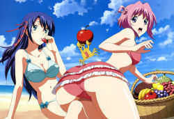 Rule 34 | 00s, 2girls, absurdres, apple, ascoeur, ass, banana, barefoot, beach, bikini, blue hair, breasts, cleavage, cloud, crab, crustacean, day, food, fruit, grapes, green eyes, highres, holding, holding food, holding fruit, kiddy girl-and, kiddy grade, large breasts, long hair, looking back, multiple girls, nyantype, ocean, official art, open mouth, outdoors, pink hair, purple hair, q-feuille, short hair, sky, swimsuit, water