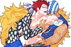 Rule 34 | 3boys, amputee, annoyed, bara, blonde hair, boy sandwich, clone, dark-skinned male, dark skin, eustass kid, facial hair, facial hair through mask, goatee, hand on another&#039;s head, hands on another&#039;s hips, head on another&#039;s shoulder, highres, killer (one piece), killuaz1130, long hair, long sideburns, male focus, multiple boys, muscular, muscular male, nipples, one piece, pectorals, poking pecs, red hair, sandwiched, scar, scar on chest, short hair, sideburns, time paradox, topless male, upper body, veins, veiny arms, yaoi