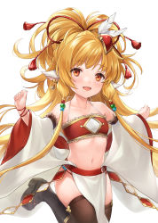 Rule 34 | 1girl, :d, animal ears, bandeau, bangle, black footwear, blonde hair, blush, boots, bracelet, brown thighhighs, collarbone, detached sleeves, granblue fantasy, harvin, highres, jewelry, long sleeves, mahira (granblue fantasy), navel, open mouth, platform boots, platform footwear, ponytail, red bandeau, red eyes, shiao, simple background, smile, solo, standing, standing on one leg, thighhighs, thighhighs under boots, white background, white sleeves, wide sleeves