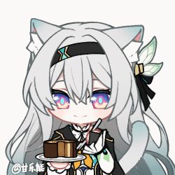 Rule 34 | 1girl, animal ears, animated, animated gif, black gloves, black hairband, black jacket, black ribbon, cake, cat ears, cat tail, chibi, closed mouth, cropped jacket, eating, fingerless gloves, firefly (honkai: star rail), food, fork, gan le buneng, gloves, gold trim, hair ribbon, hairband, holding, holding fork, holding plate, honkai: star rail, honkai (series), jacket, looking at viewer, lowres, neckerchief, plate, ribbon, simple background, smile, solo, swiss roll, tail, white background, yellow neckerchief