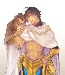 Rule 34 | 1boy, abs, ahoge, animal, animal on arm, bird, bracer, brown background, brown hair, cape, cowboy shot, earrings, fate/grand order, fate (series), gradient background, hair over one eye, hand on own hip, hand up, harukazu, head tilt, highres, jewelry, looking at viewer, male focus, no shirt, open mouth, owl, ozymandias (fate), short hair, simple background, solo, standing, toned, toned male, turtleneck, white background, white cape, yellow eyes
