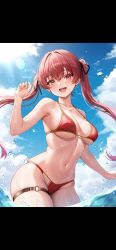 Rule 34 | 1girl, absurdres, bare shoulders, bikini, blush, breasts, cleavage, hair ribbon, hat, heterochromia, highres, holika baby, hololive, houshou marine, houshou marine (summer), large breasts, long hair, looking at viewer, open mouth, red eyes, red hair, ribbon, smile, solo, swimsuit, twintails, virtual youtuber, yellow eyes