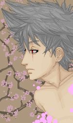 Rule 34 | 1boy, devas, flower, grey hair, hatake kakashi, lowres, male focus, naruto, naruto (series), pixel art, profile, red eyes, sakura tree, solo, topless male